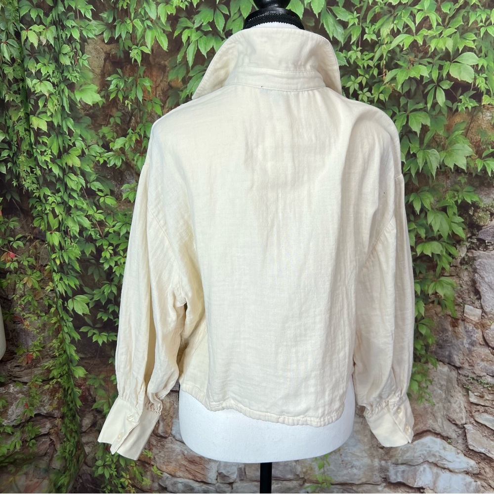 DREW Tan Button Front Quiet Luxury Drawstring Cropped Blouse, S - Picture 7 of 10